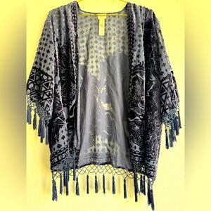 Chico's Burnout Velvet Fringe Poncho Sz S/M Blue Cover Up Boho Festival Hippie
